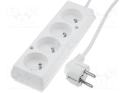 Разклонител 4 3m PS-470S/1.5-3.0 Удължител захранващ; 3x1,5mm2; Дл: 3m; PVC; бял; Кол.гнезда: 4; 16A